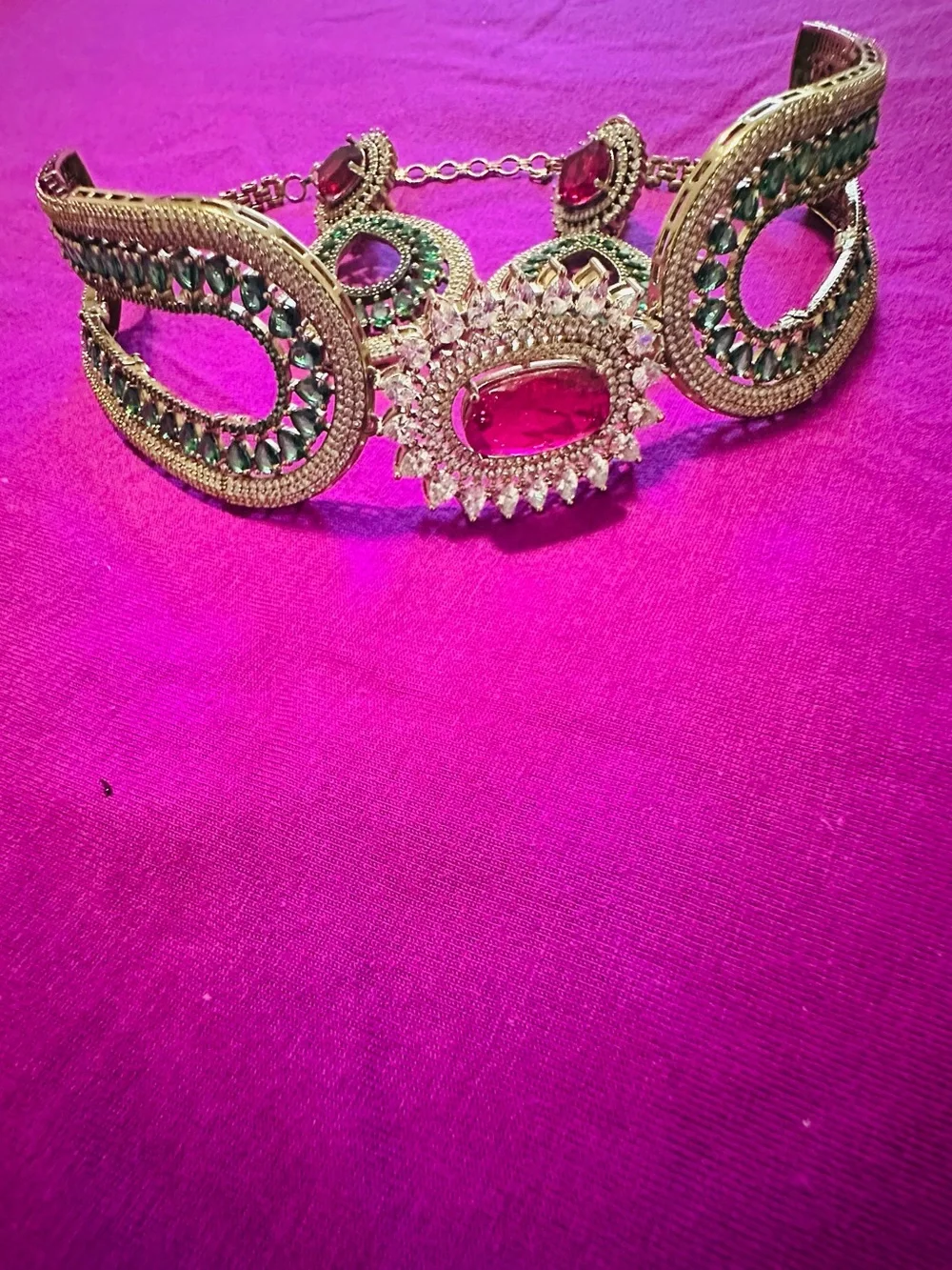 Gold-Tone Statement Necklace with Pink and Green doublet and Moissanite stones